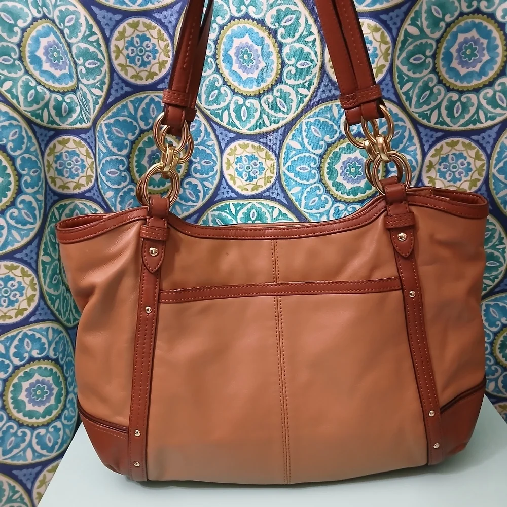 Coach Alexandra Leather Shoulder Bag Tan Gold Chain Hobo Purse Classic Medium